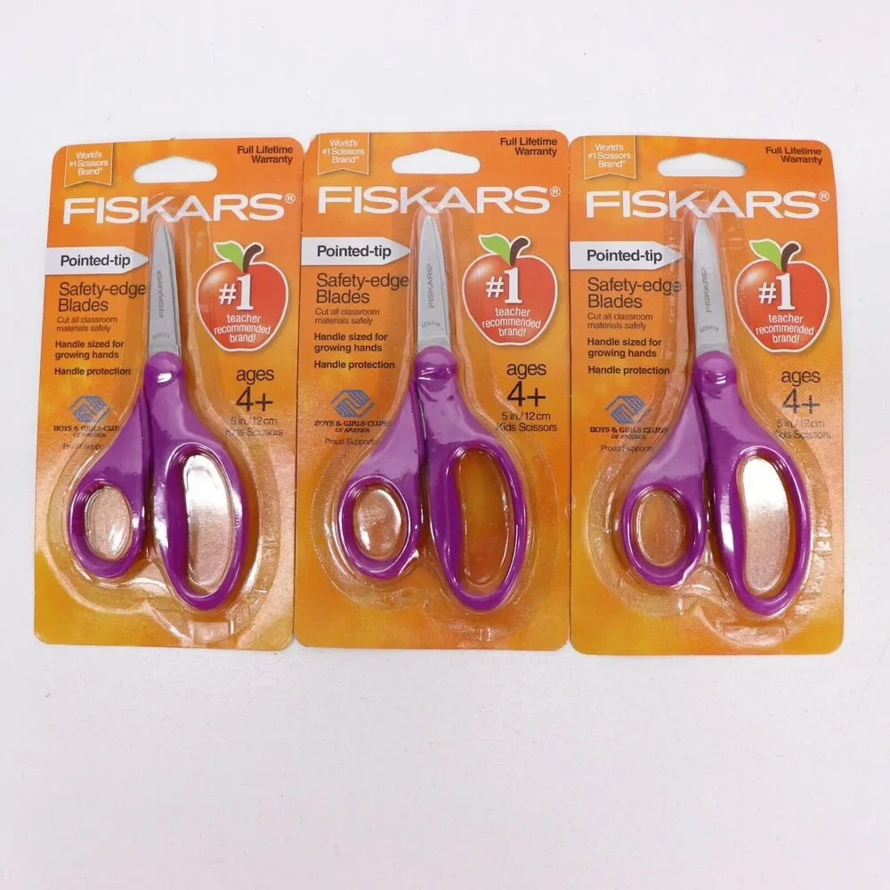 3x Fiskars Kid School Scissors Purple Pointed Tip For Both Left And Right Handed